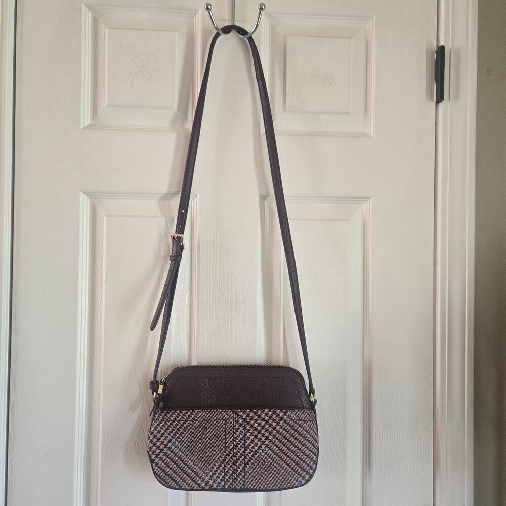 Talbots Leather Wool Blend Plaid Burgundy Crossbody/ Hand Bag Purse